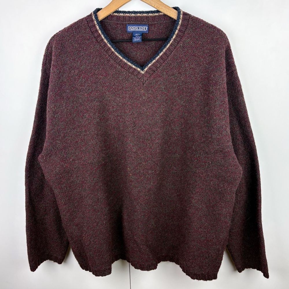 Vintage Wool Lands End V Neck Sweater Maroon Red Navy Stripe Trim Mens Large